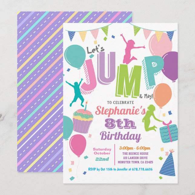 Trampoline birthday party. Girls colourful jump Invitation (Front/Back)