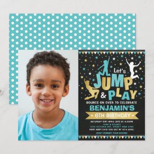 Trampoline Birthday Party Jump Bounce Blue Gold Invitation