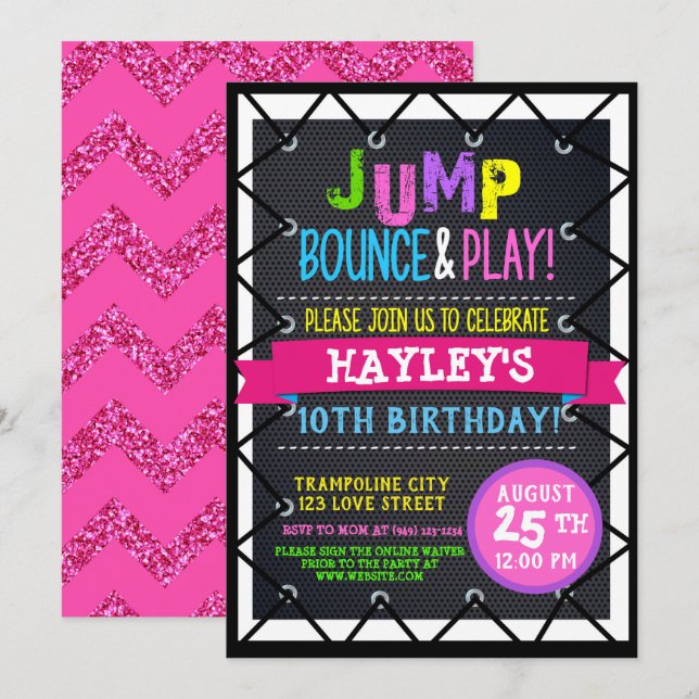 Trampoline Park Bounce Party Girls Colourful Invitation (Front/Back)