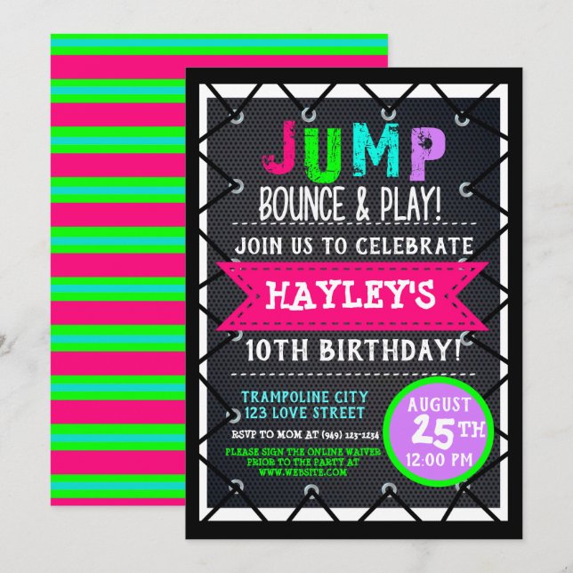 Trampoline Park Bounce Party Neon Colours Summer Invitation (Front/Back)