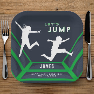 Trampoline Park Let's Jump Green Birthday Party Paper Plate