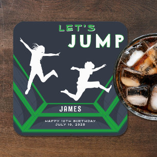 Trampoline Park Let's Jump Green Birthday Party Square Paper Coaster