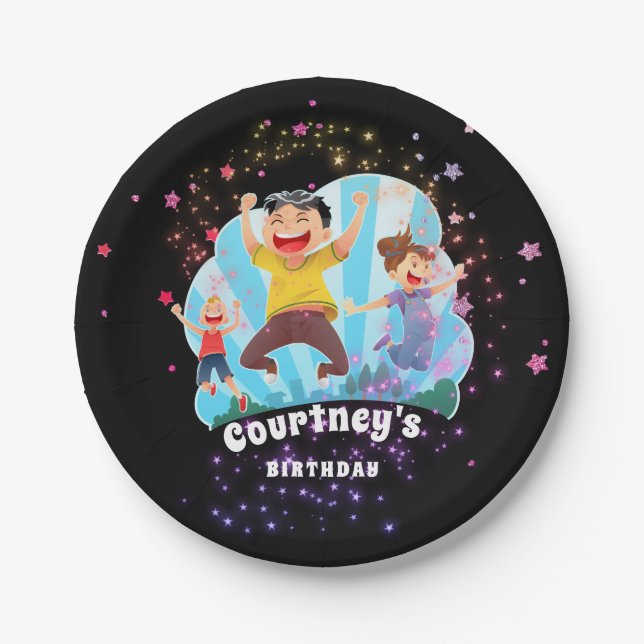 Trampoline Party Jump Kids Birthday Stars Paper Paper Plate (Front)