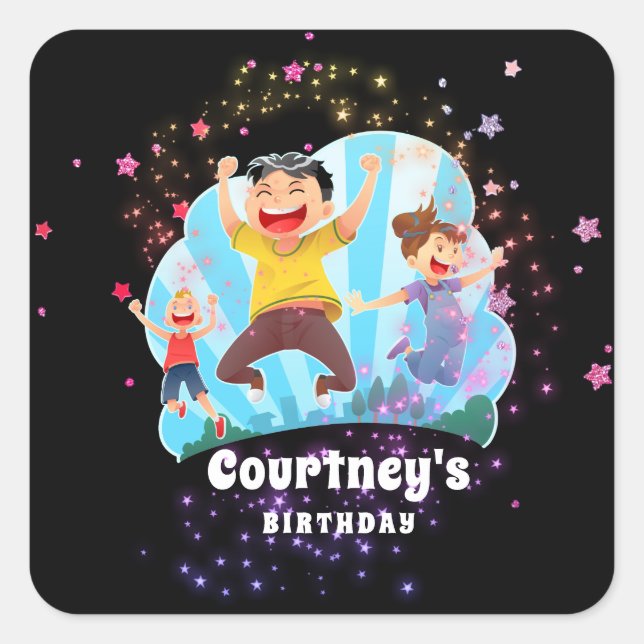 Trampoline Party Kids Jump Birthday Favour Square Sticker (Front)