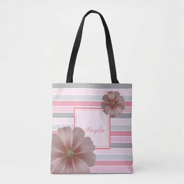 Trandy Striped, Flowers  -Personalised Tote Bag (Front)