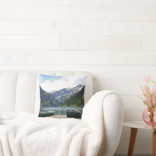 Tranquil Alpine Lake and Boats Photograph Cushion