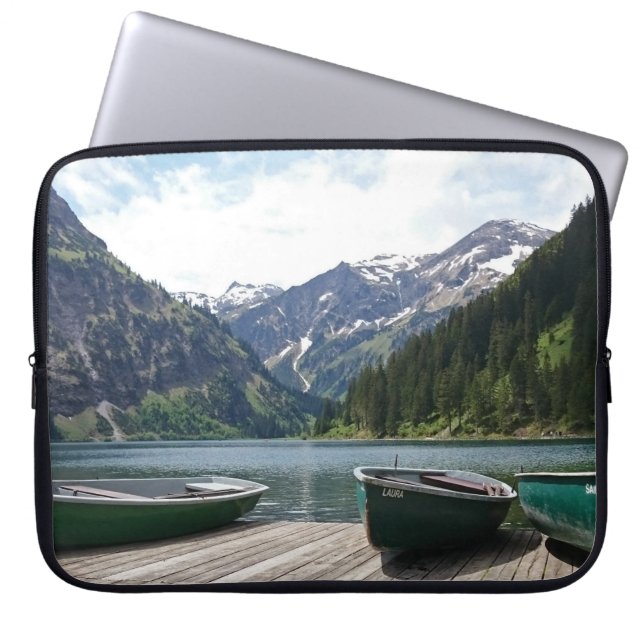 Tranquil Alpine Lake and Boats Photograph Laptop Sleeve (Front)