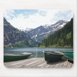Tranquil Alpine Lake and Boats Photograph Mouse Mat