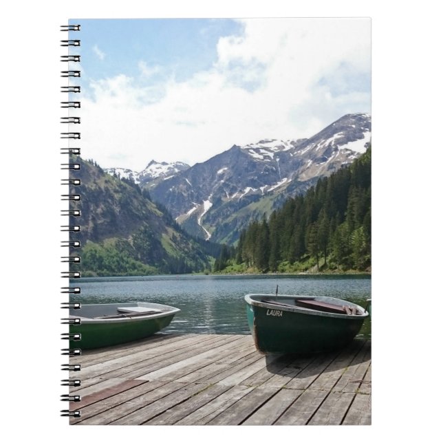 Tranquil Alpine Lake and Boats Photograph Notebook (Front)