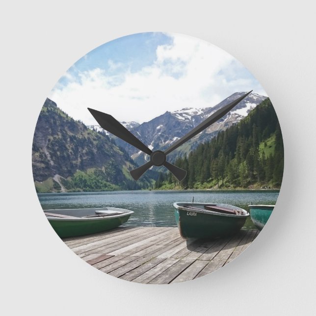 Tranquil Alpine Lake and Boats Photograph Round Clock (Front)