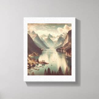 Tranquil Alpine Lake – Vintage Style Mountain Land Canvas Print