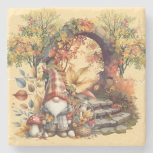 Tranquil Autumn Garden with Gnome Stone Coaster