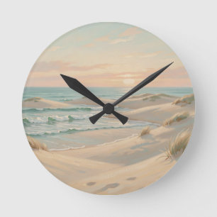 Tranquil Beach Sunset Dunes Ocean Waves Coastal Round Clock