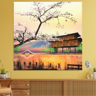 Tranquil Blossom: Sunset Over a Japanese Lakehouse Canvas Print