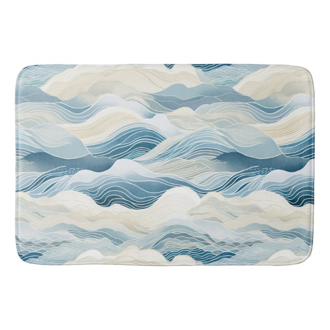 Tranquil Blue and White Wave Pattern Bath Mat (Front)