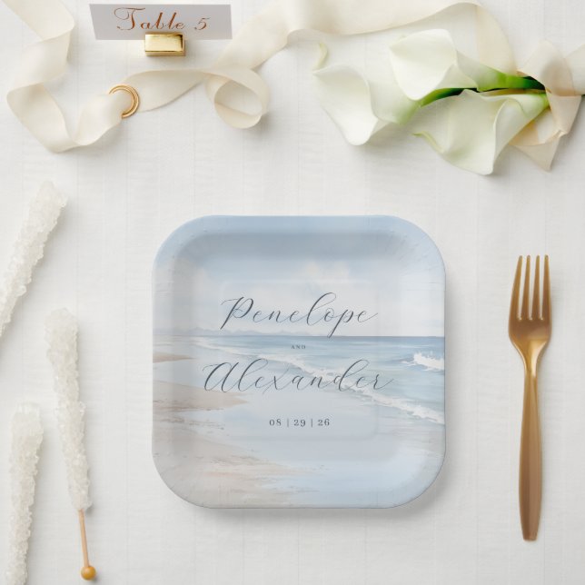 Tranquil Blue Beach Waves Paper Plate (Wedding)