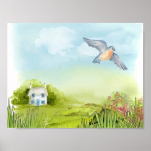 Tranquil blue bird and little house Scenery Poster