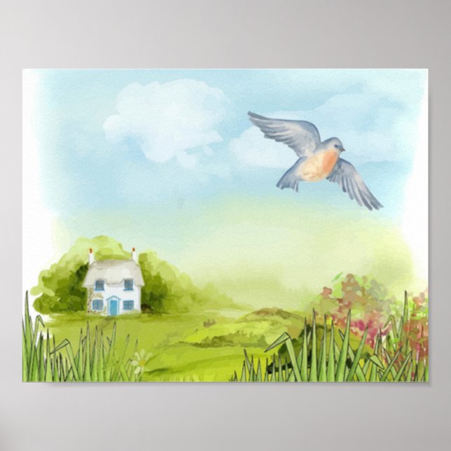 Tranquil blue bird and little house Scenery Poster (Front)