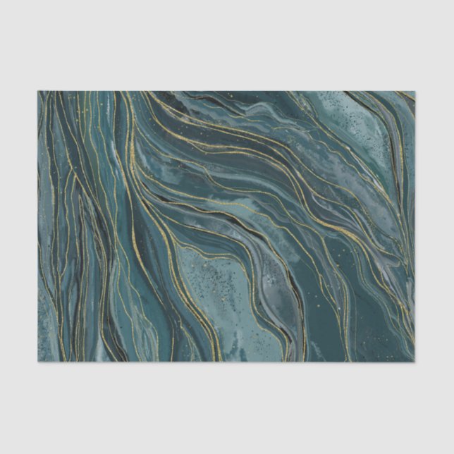 Tranquil Blue Gold Abstract Watercolor Wedding Tissue Paper (Front)