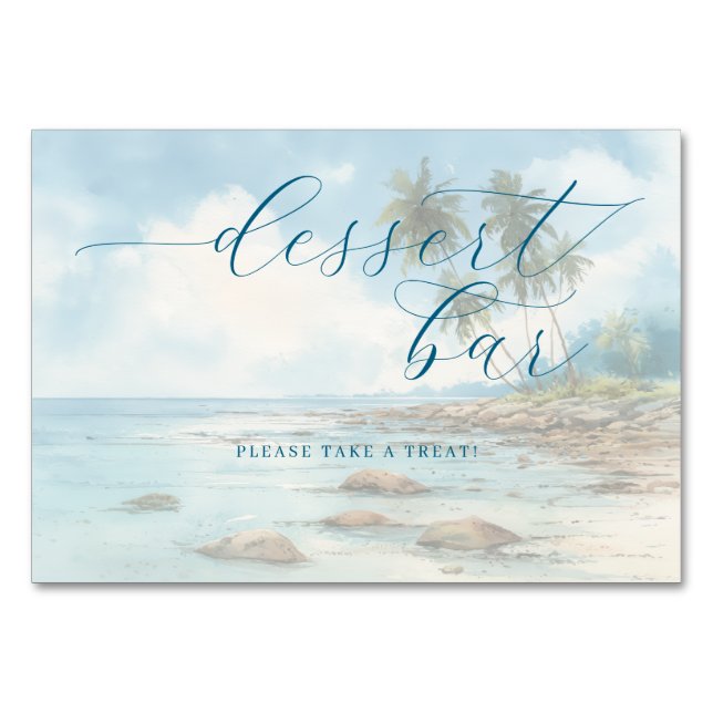 Tranquil Blue Watercolor Beach Scene Table Number (Front)