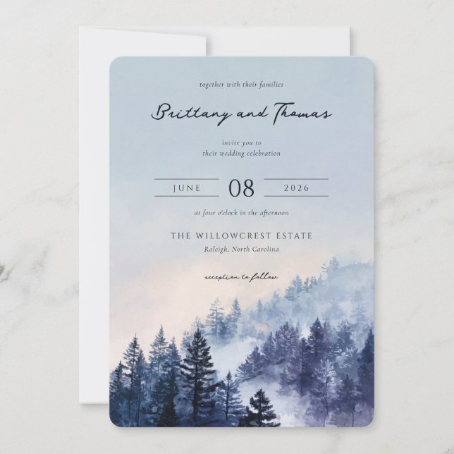 Tranquil Blue Watercolor Forest Invitation (Front)