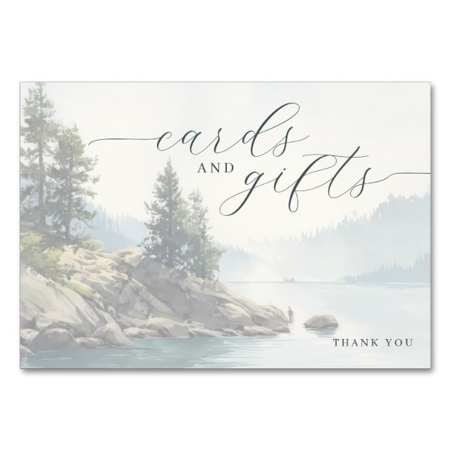 Tranquil Blue Watercolor Lakeside Scene Table Number (Front)