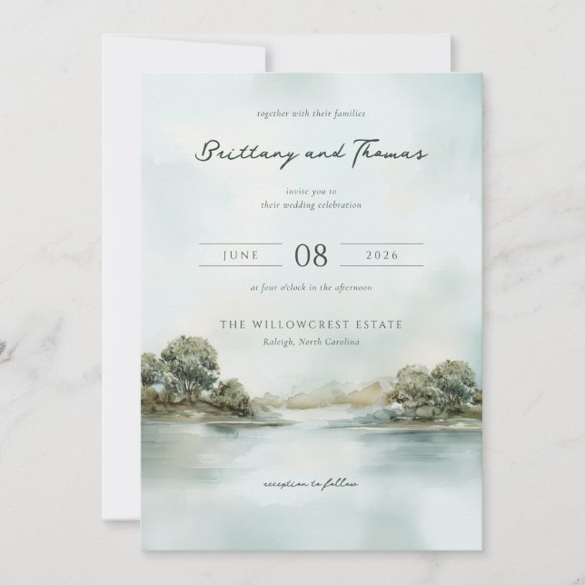 Tranquil Blue Watercolor Landscape Invitation (Front)
