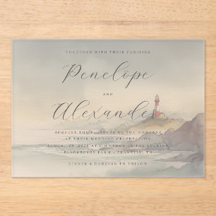 Tranquil Blue Watercolor Lighthouse Acrylic Invitations