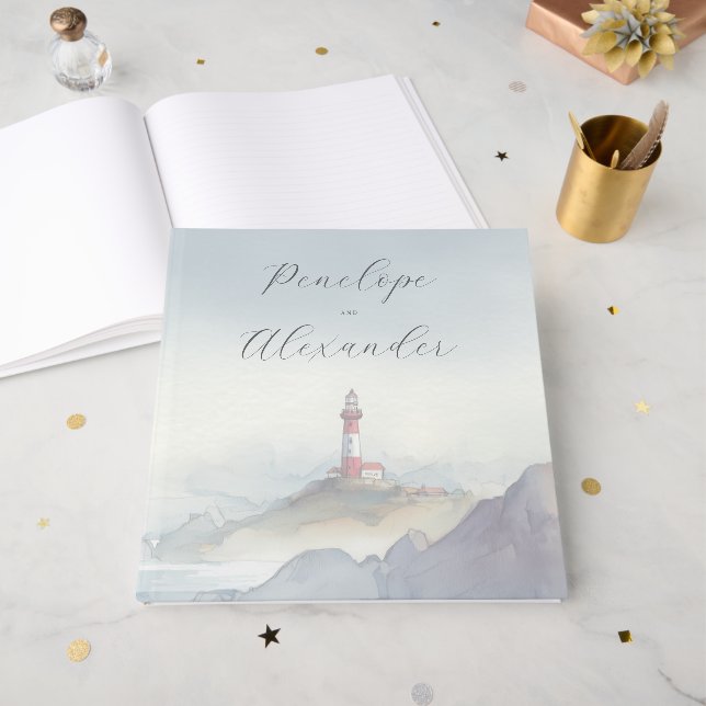 Tranquil Blue Watercolor Lighthouse Guest Book (Front Open)