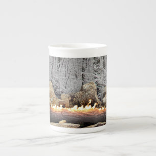 Tranquil Burning Yule Log in Snowy Forest Bone China Mug