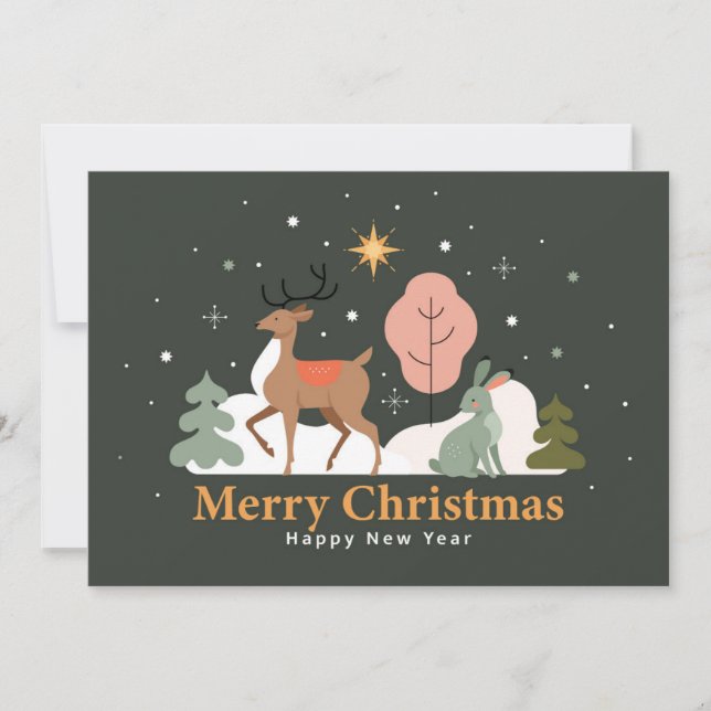 Tranquil Christmas Eve with Reindeer and Rabbit Holiday Card (Front)