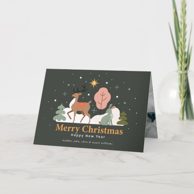 Tranquil Christmas Eve with Reindeer and Rabbit Holiday Card (Front)