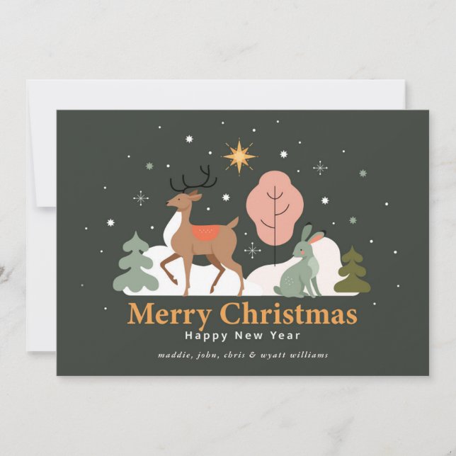 Tranquil Christmas Eve with Reindeer and Rabbit Holiday Card (Front)
