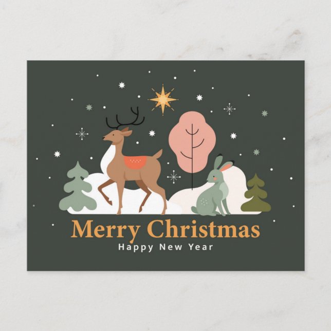 Tranquil Christmas Eve with Reindeer and Rabbit Holiday Postcard (Front)