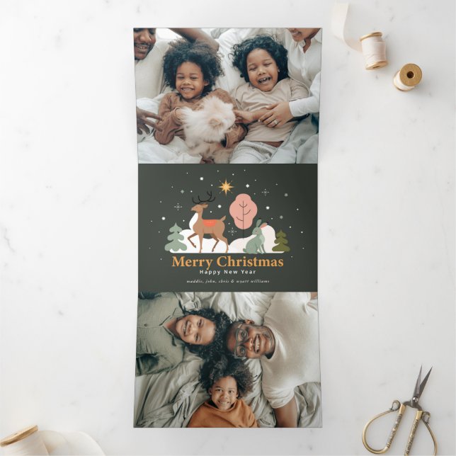 Tranquil Christmas Eve with Reindeer and Rabbit Tri-Fold Holiday Card (Inside)