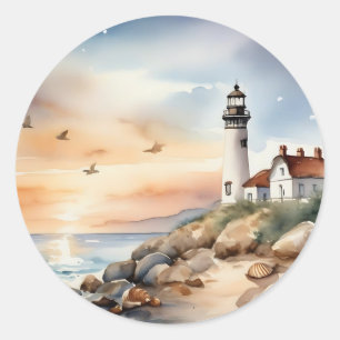 Tranquil Coastal Landscape Watercolor Lighthouse Classic Round Sticker