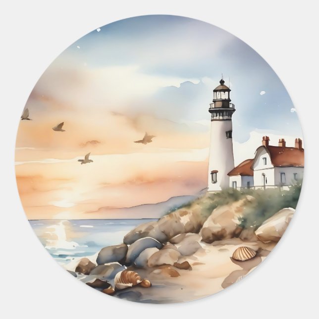 Tranquil Coastal Landscape Watercolor Lighthouse Classic Round Sticker (Front)