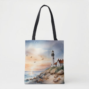 Tranquil Coastal Landscape Watercolor Lighthouse Tote Bag