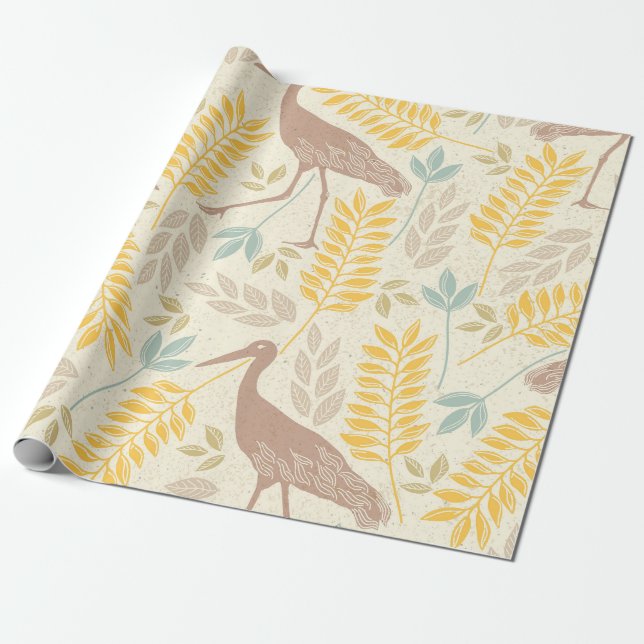 Tranquil Crane & Foliage Wrapping Paper (Unrolled)