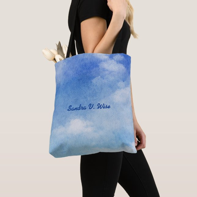 Tranquil Custom Sky Dreams Watercolor Blue & White Tote Bag (Close Up)