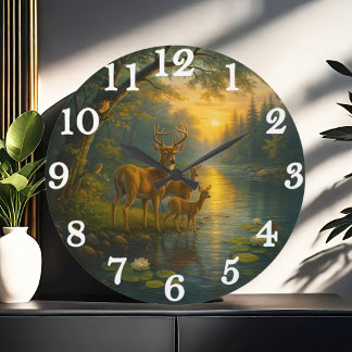 Tranquil deer family in sunlit forest large clock