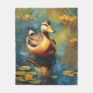 Tranquil Duck On A Pond Artistic Painting Fleece Blanket