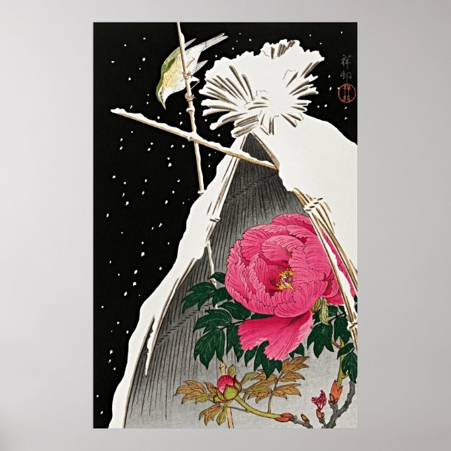 Tranquil Elegance: Siberian Bluechat & Peony Poster (Front)