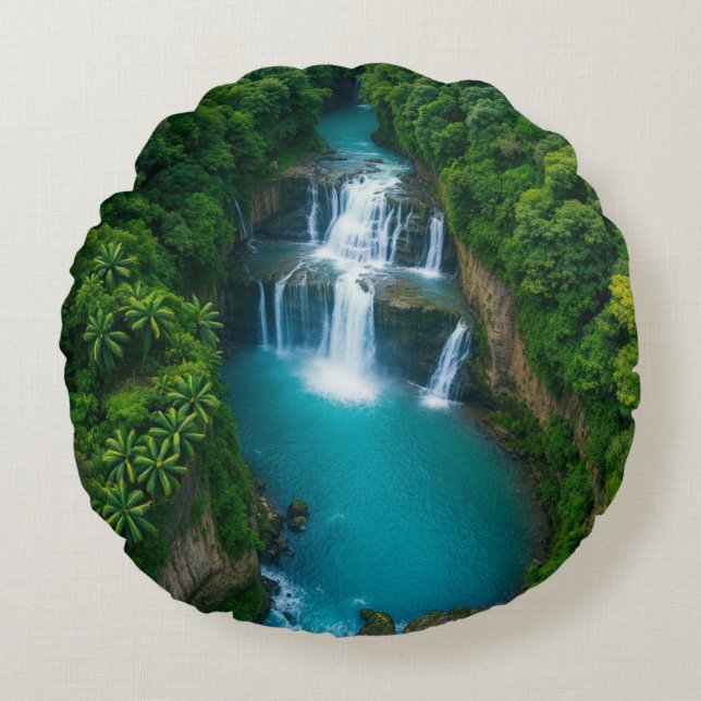 "Tranquil Falls  – Nature’s Hug in Every  Round Cushion (Front)
