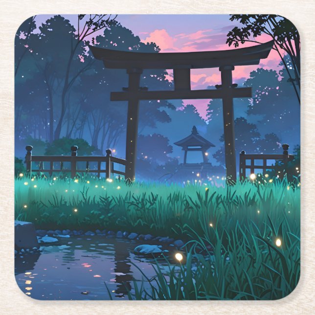 Tranquil Fireflies - Japanese Garden Square Paper Coaster (Front)