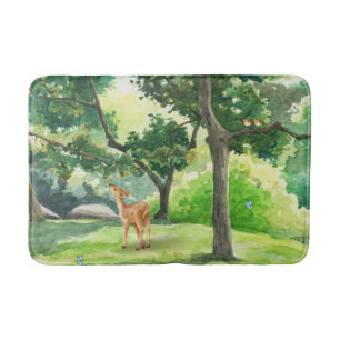 Tranquil Forest Deer Watercolor Art Bath Mat