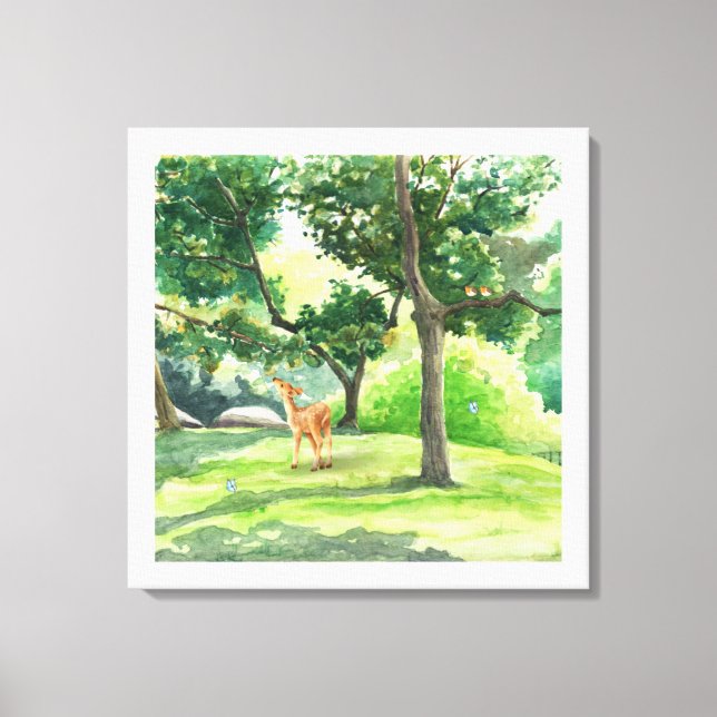 Tranquil Forest Deer Watercolor Art Canvas Print (Front)