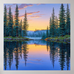Tranquil Forest Lake at Sunset Poster
