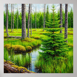 Tranquil Forest Marsh with Lush Greenery Poster