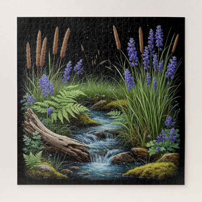 Tranquil Forest Stream Scene With Lavender Jigsaw Puzzle (Vertical)